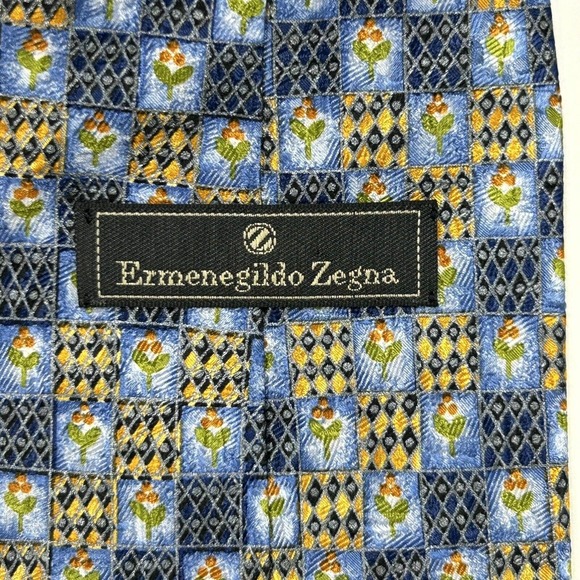 Ermenegildo Zegna Neck Tie Men's Blue Orange 100% Silk Floral Italy 57.5" x 4" - Picture 5 of 8